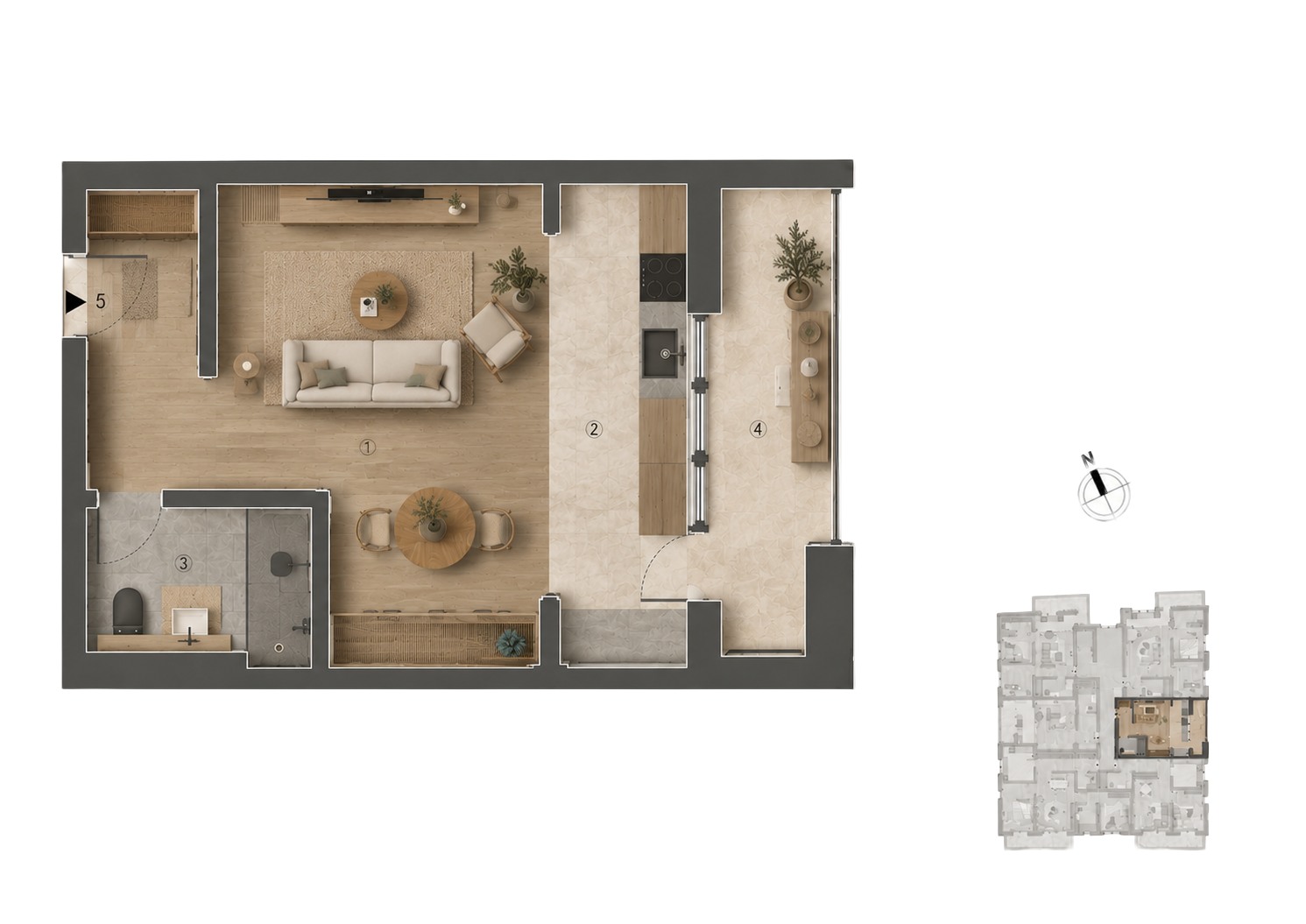 Plan Apartament 1 cameră cu bucătărie separată