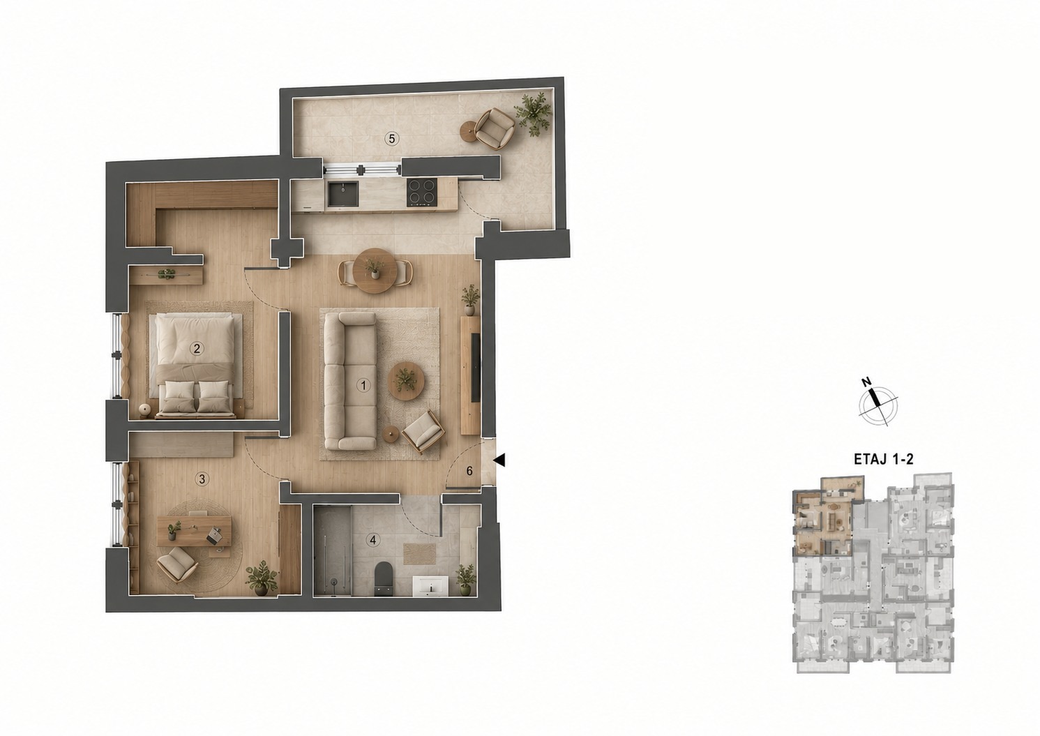 Plan Apartament 2 camere cu birou și balcon generos