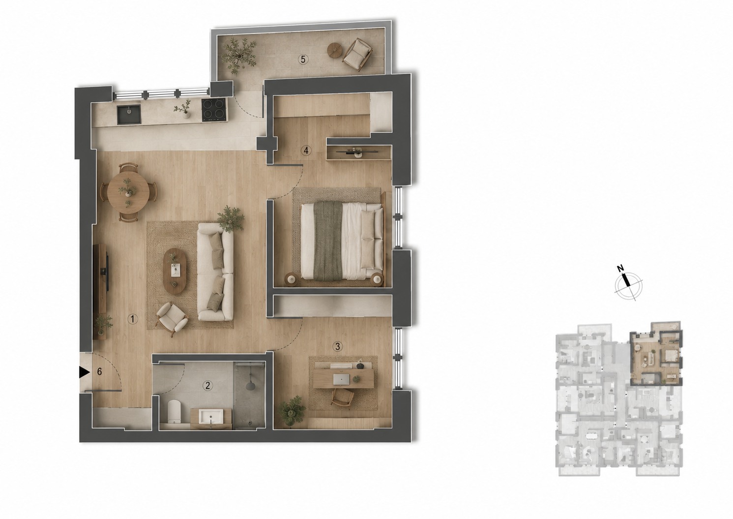 Plan Apartament 2 camere cu birou