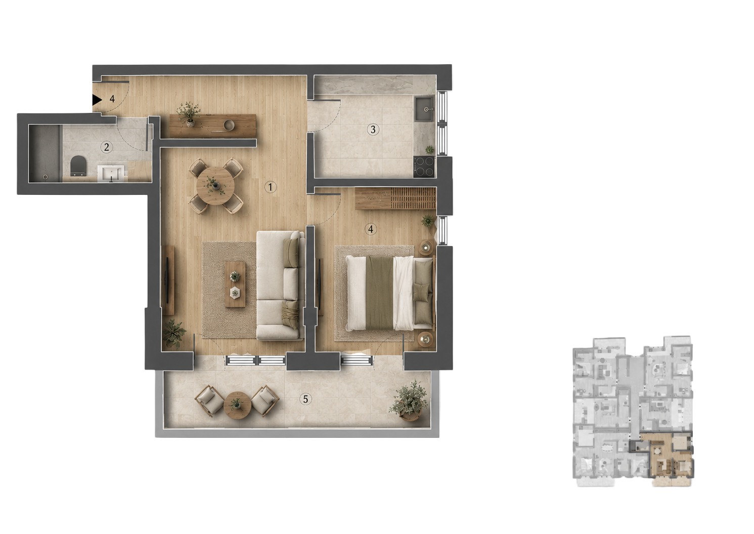 Plan Apartament 2 camere cu bucătărie separată