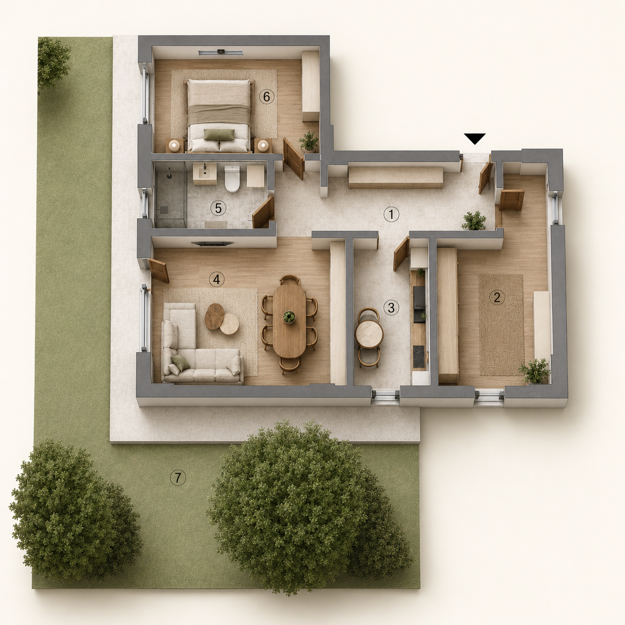 Plan Apartament 2 camere cu curte extinsă (parter)
