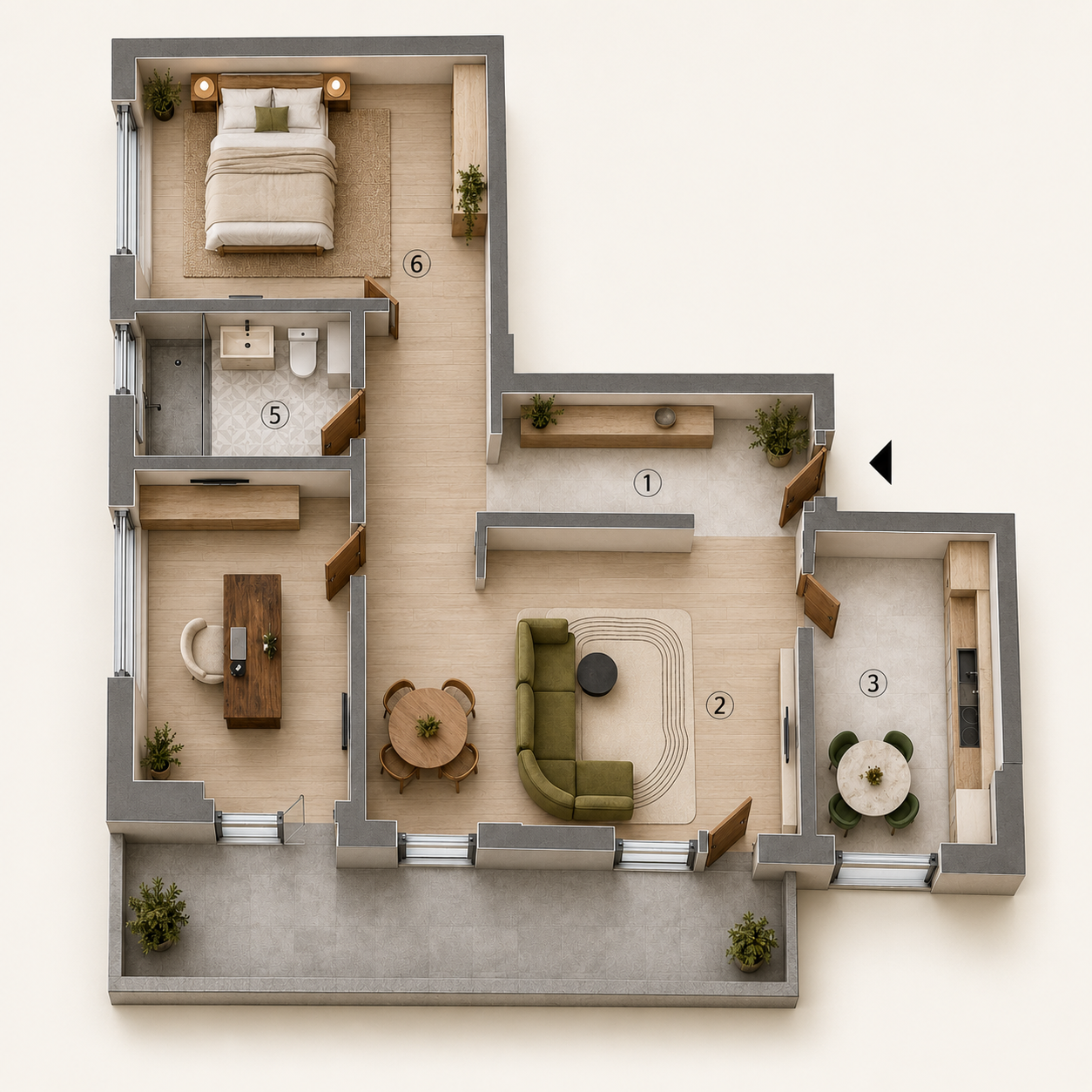 Plan Apartament 2 camere + birou